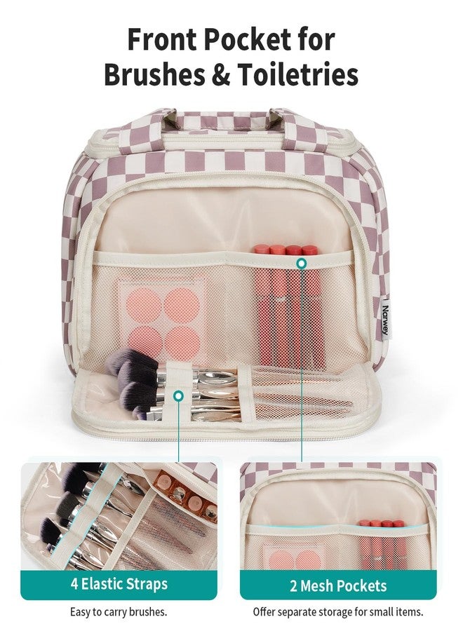 Narwey Large Travel Toiletry Bag for Traveling Women, Wide-open Travel Bag for Toiletries, Cosmetic Make Up Makeup Bag Organizer with Wet Pocket, Shower Skincare Bag (Dusty Pink Checkerboard) - Image 3